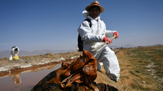 Voluntarios participan en una campaña para limpiar las orillas del lago Uru Uru, en Oruro, Bolivia.