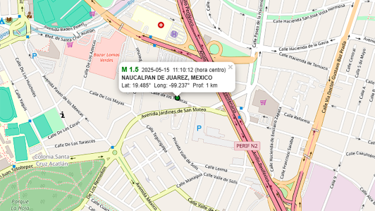 Mapa que muestra el epicentro del microsismo detectado a las 11:10 horas del jueves 15 de mayo en Naucalpan de Juárez.
