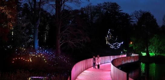 Esculturas, edificios y árboles se iluminan a lo largo del Real Jardín Botánico de Kew, en el sudoeste de Londres, Inglaterra como parte de las celebraciones previas a la navidad. Foto: Reuters.