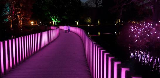 Esculturas, edificios y árboles se iluminan a lo largo del Real Jardín Botánico de Kew, en el sudoeste de Londres, Inglaterra como parte de las celebraciones previas a la navidad. Foto: Reuters.