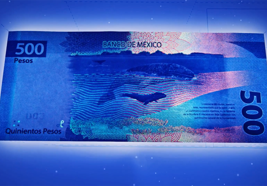 En la parte superior derecha del anverso del billete, aparece la denominación multicolor que cambia de tonalidad de verde a azul dependiendo del ángulo visual.