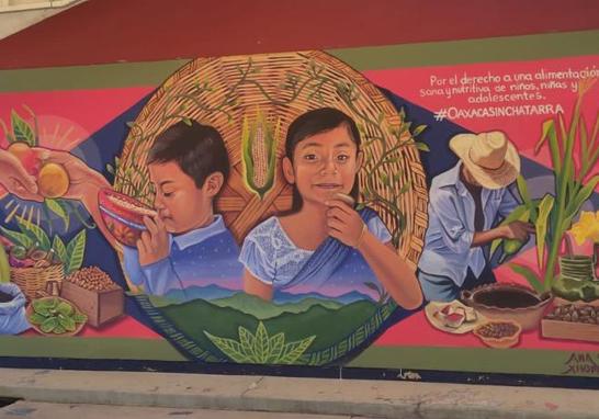 Mural de la artista Ana Xhopa para promover la alimentación saludable, en el preescolar Doña Josefa Ortíz de Domínguez, Zaachila, Oaxaca. Foto: Cortesía #OaxacaSinChatarra