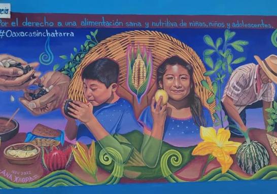 Mural de la artista Ana Xhopa para promover la alimentación saludable, en el preescolar Doña Josefa Ortíz de Domínguez, Zaachila, Oaxaca. Foto: Cortesía #OaxacaSinChatarra