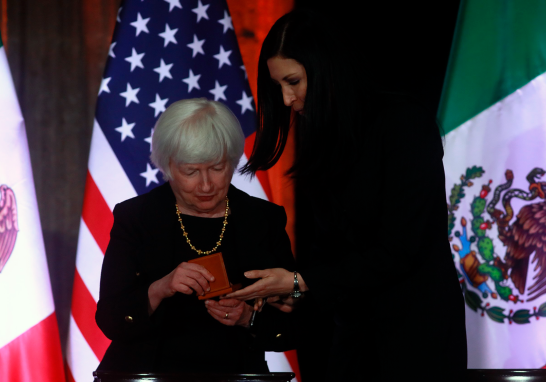 Janet Yellen, secretaria del Tesoro de Estados Unidos y Victoria Rodríguez Ceja, gobernadora del Banco de México. Foto EE: Eric Lugo