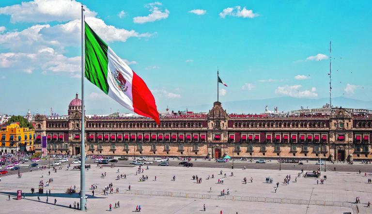Mexico City, Mexico - January 26, 2019: Historical landmark National Palace building at Plaza de la Constitucion in Mexico City, Mexico.