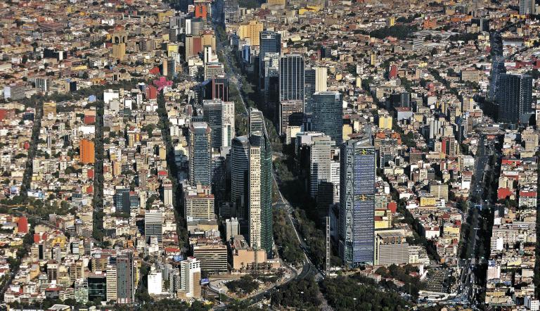 Aerial view of Mexico City. An aerial view of Paseo de la Reforma and skyscraperes in Mexico City.