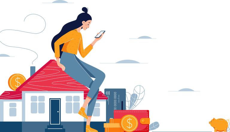 Mortgage investment landing page template. Woman sitting on the house, analyzes profit from property buying or rent. Buy real estate, investment income for web site design. Flat vector illustration