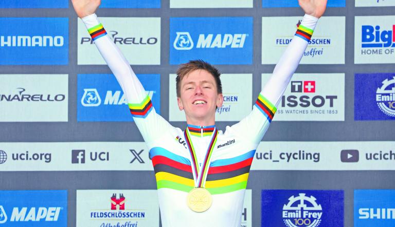 Cycling - UCI World Championships 2024 - Men's Elite Road Race - Zurich, Switzerland - September 29, 2024
Gold medallist Slovenia's Tadej Pogacar celebrates on the podium REUTERS/Denis Balibouse