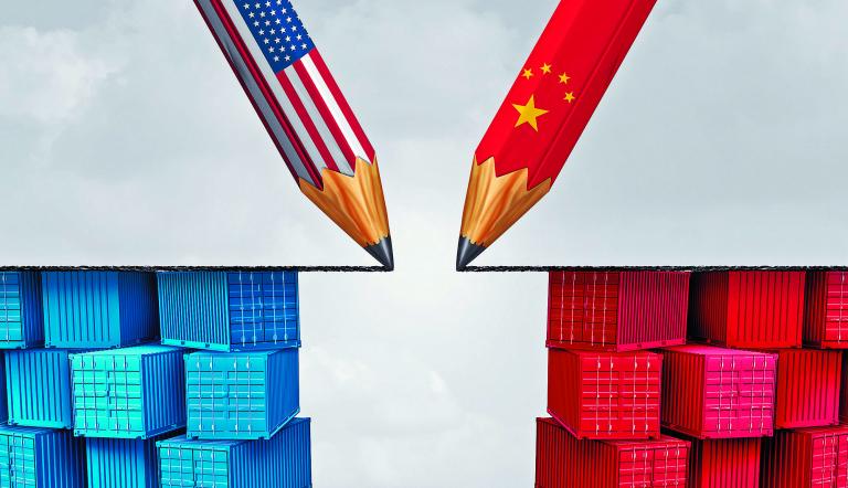 China United States trade solution and American tariffs as two opposing pencils as an economic taxation dispute agreement over import and exports concept as a 3D illustration.