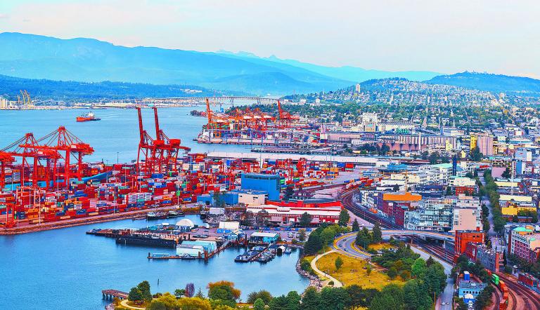 Vancouver, Canada July 1, 2019: Vancouver port handles approximately 400,000 vehicles annually, making the Port of Vancouver one of the top three ports on the west coast of North America.