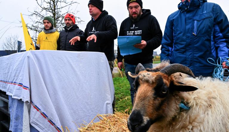 Los agricultores franceses y miembros del sindicato de agricultores de Francia, Confederation Paysane, participan en una manifestación