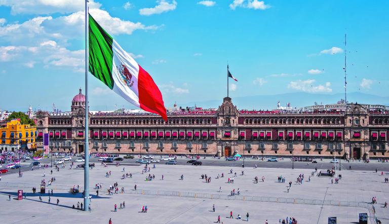 Mexico City, Mexico - January 26, 2019: Historical landmark National Palace building at Plaza de la Constitucion in Mexico City, Mexico.