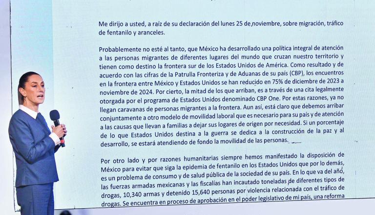 CIUDAD DE MÉXICO, 26NOVIEMBRE2024.- Claudia Sheinbaum, presidenta de México, durante la conferencia matutina mostró la carta dirigida a Donald Trump, presidente electo de Estados Unidos, en la que indicó que la imposición de aranceles a productos mexicanos no es la ruta para eliminar la migración ni el tráfico de fentanilo.
FOTO: MARIO JASSO/CUARTOSCURO.COM