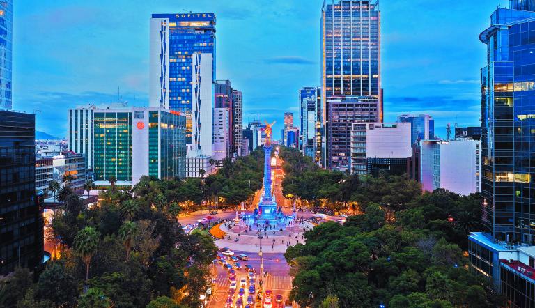 Mexico City, CDMX, Mexico, OCTOBER, 16 2021, Aerial image of The Angel of Independence, one of the most famous roundabouts in Mexico