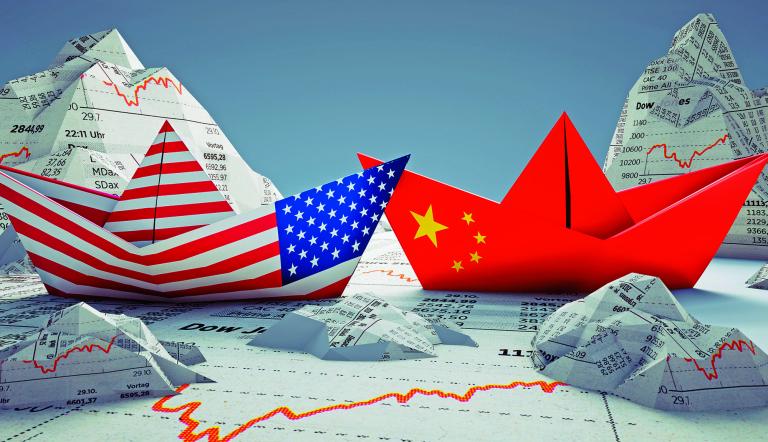 USA and China import export trade war concept - paper boats - 3D illustration