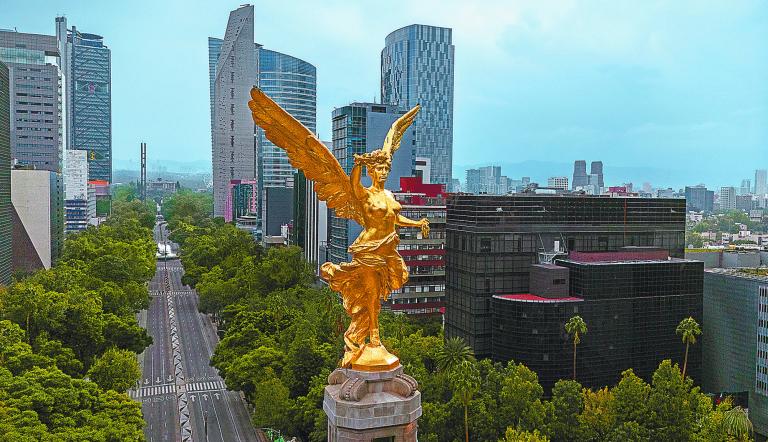 Mexico City, Mex. June 29, 2024: Iconic Angel of Independence, the monument stands in the middle of Reforma Avenue in front of an empty city after a peaceful march that left the city uninhabited.