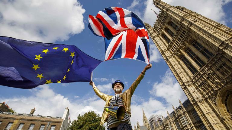 TOPSHOT - Pro-European Union demonstrators protest outside the Houses of Parliament in central London against the first vote today on a bill to end Britain