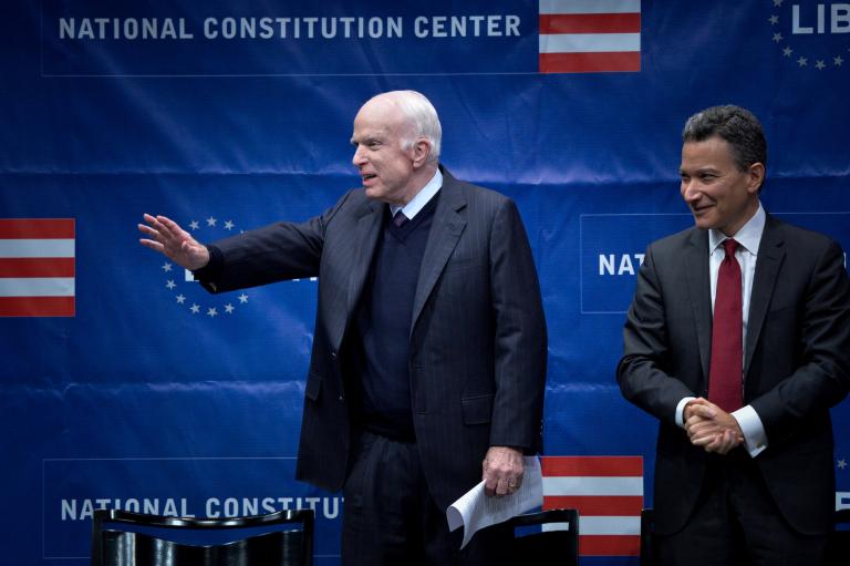 U.S. Senator McCain waves to the crowd before being awarded the 2017 Liberty Medal at the Independence Hall in Philadelphia