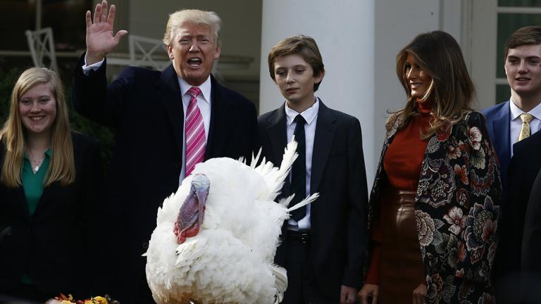 U.S. President Trump participates in annual Thanksgiving turkey pardoning ceremony at the White House in Washington, - U.S. President Donald Trump participates in the 70th National Thanksgiving turkey pardoning ceremony as son Barron and first lady Melania Trump look on in the Rose Garden of the White House in Washington, U.S., November 21, 2017. REUTERS/Jim Bourg