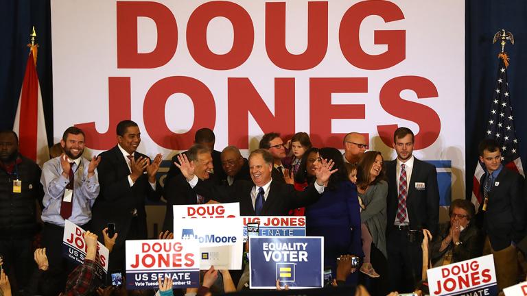 Democratic Senate Candidate Doug Jones Holds Election Night Watch Party In Birmingham - BIRMINGHAM, AL - DECEMBER 12: Democratic U.S. Senator elect Doug Jones greets supporters during his election night gathering the Sheraton Hotel on December 12, 2017 in Birmingham, Alabama. Doug Jones defeated his republican challenger Roy Moore to claim Alabama