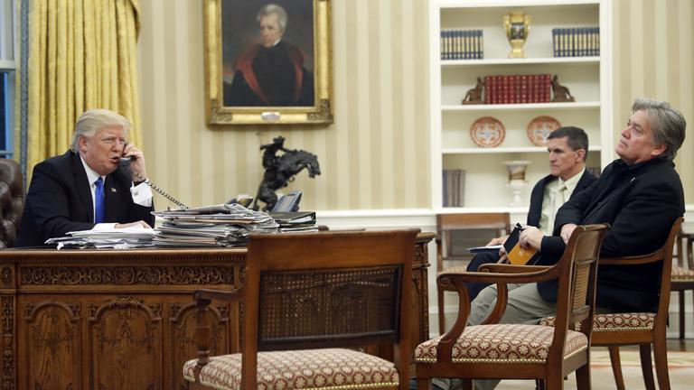 Donald Trump,Michael Flynn,Steve Bannon - FILE - In this Jan. 28, 2017, file photo, President Donald Trump speaks on the phone with Prime Minister of Australia Malcolm Turnbull, with then-National Security Adviser Michael Flynn, center, and then- chief strategist Steve Bannon, right, in the Oval Office of the White House in Washington. Trump responded to criticism leveled at him in a new book that says he never expected — or wanted — to win the White House, his victory left his wife in tears and a senior adviser thought his son