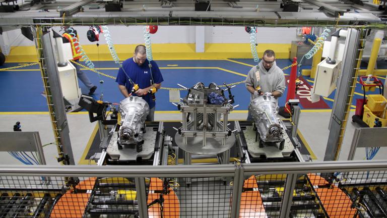 Employees work on the eight-speed transmission at the FCA US LLC Kokomo Transmission Plant in Kokomo Indiana - Employees work on the eight-speed transmission at the FCA US LLC Kokomo Transmission Plant in Kokomo, Indiana on March 17, 2014. Fiat Chrysler Automobiles has doubled its local workforce to 7,000 amid record industry sales, upscale apartments are being built or tucked into vacant factories, and small businesses crop up along a quaint Main Street. Picture taken March 17, 2014.  REUTERS/Fiat Chrysler/Handout via ReutersATTENTION EDITORS - THIS PICTURE WAS PROVIDED BY A THIRD PARTY. REUTERS IS UNABLE TO INDEPENDENTLY VERIFY THE AUTHENTICITY, CONTENT, LOCATION OR DATE OF THIS IMAGE. THIS PICTURE IS DISTRIBUTED EXACTLY AS RECEIVED BY REUTERS, AS A SERVICE TO CLIENTS. FOR EDITORIAL USE ONLY. NOT FOR SALE FOR MARKETING OR ADVERTISING CAMPAIGNS. FOR EDITORIAL USE ONLY. NO RESALES. NO ARCHIVE. - NARCH/NARCH30 EUO 3TP