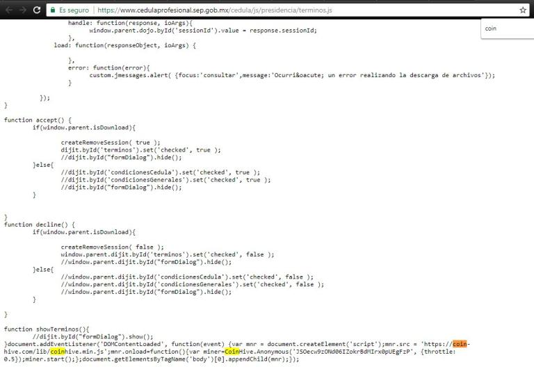 Captura de pantalla del código de la página del Registro Nacional de Profesionistas con el código malicioso CoinHive. Foto: Luis Carlos Cárdenas