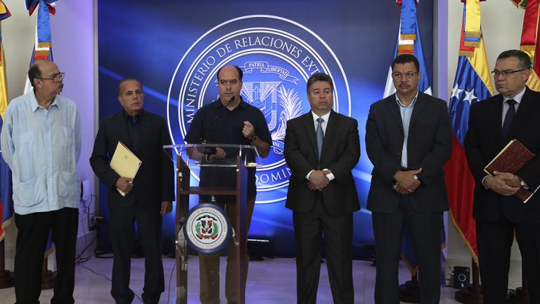 Julio Borges, lawmaker of the Venezuelan coalition of opposition parties (MUD), and members of Venezuela