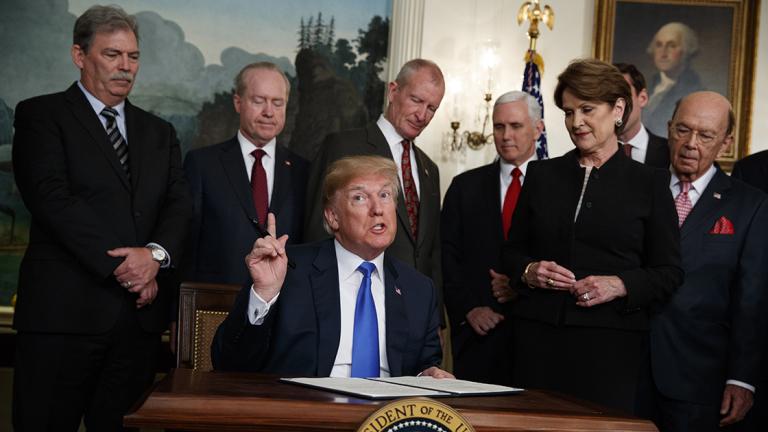 Donald Trump - President Donald Trump speaks before he signs a presidential memorandum imposing tariffs and investment restrictions on China in the Diplomatic Reception Room of the White House, Thursday, March 22, 2018, in Washington. (AP Photo/Evan Vucci)