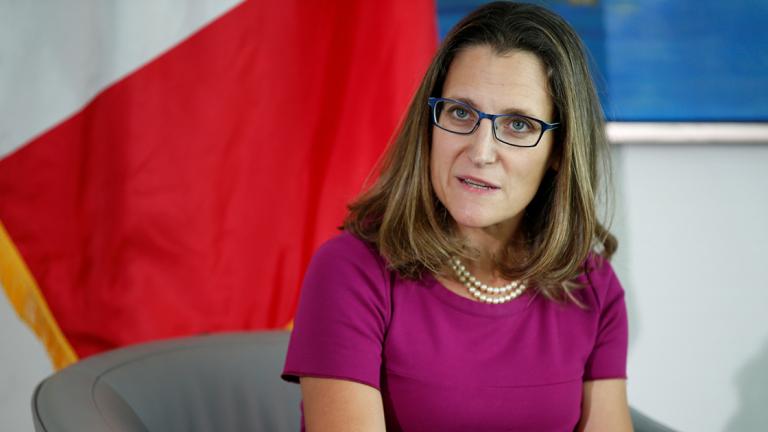 Canadian Minister of Foreign Affairs Chrystia Freeland speaks during a meeting with Mexican Secretary of Economy Ildefonso Guajardo Villarreal before the first round of talks to renegotiate NAFTA in Washington - Canadian Minister of Foreign Affairs Chrystia Freeland speaks during a meeting with Mexican Secretary of Economy Ildefonso Guajardo Villarreal before the first round of talks to renegotiate the North American Free Trade Agreement (NAFTA) at the Canadian Embassyin Washington, U.S., August 15, 2017.   REUTERS/Joshua Roberts