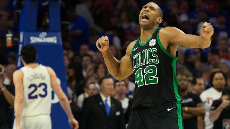 NBA: Playoffs-Boston Celtics at Philadelphia 76ers - May 5, 2018; Philadelphia, PA, USA; Boston Celtics forward Al Horford (42) reacts as time winds down on a victory against the Philadelphia 76ers in game three of the second round of the 2018 NBA Playoffs at Wells Fargo Center. Mandatory Credit: Bill Streicher-USA TODAY Sports