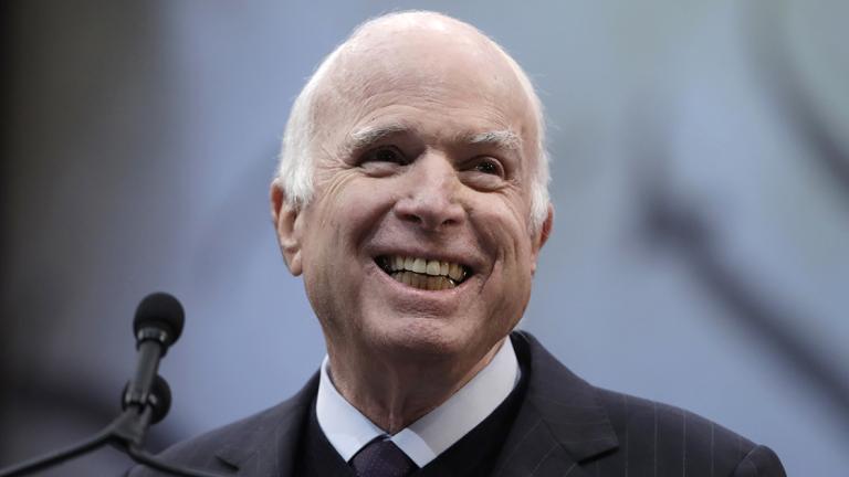 FILE - In this Oct. 16, 2017, file photo Sen. John McCain, R-Ariz., receives the Liberty Medal from the National Constitution Center in Philadelphia. (AP Photo/Matt Rourke, File) - A OCT. 16, 2017, FILE PHOTO