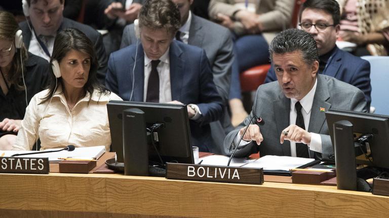 Nikki Haley,Sacha Llorenty - U.S. Ambassador to the United Nations Nikki Haley, left, listens as Bolivian Ambassador to the United Nations Sacha Llorenty speaks during a Security Council meeting on the situation in Gaza, Tuesday, May 15, 2018 at United Nations headquarters. (AP Photo/Mary Altaffer)