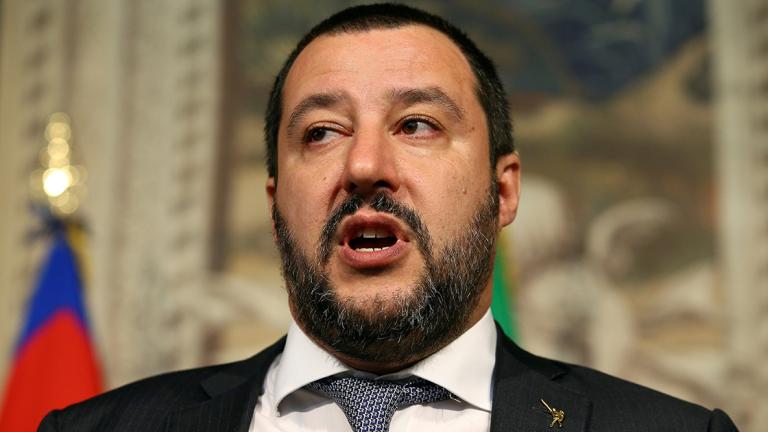 FILE PHOTO: League party leader Matteo Salvini speaks to the media during the second day of consultations with Italian President Sergio Mattarella at the Quirinal Palace in Rome - FILE PHOTO: League party leader Matteo Salvini speaks to the media during the second day of consultations with Italian President Sergio Mattarella at the Quirinal Palace in Rome, Italy, April 5, 2018.  REUTERS/Alessandro Bianchi/File Photo - NARCH/NARCH30