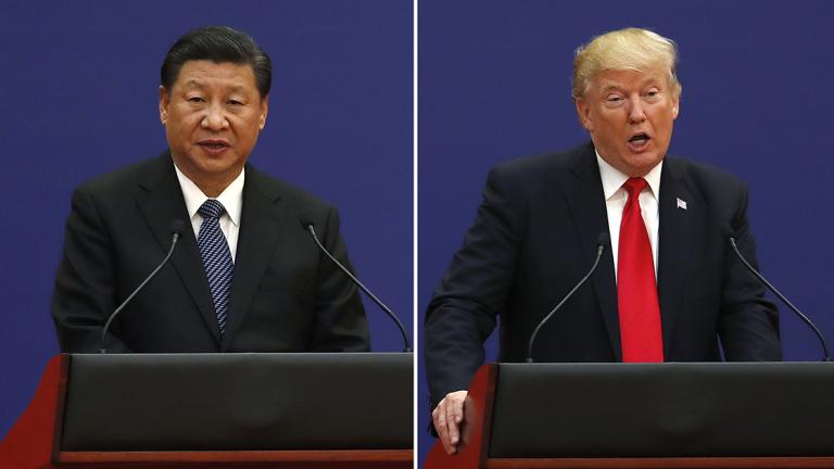 Donald Trump, Xi Jinping - In this combination of Nov. 9, 2017 photos, U.S. President Donald Trump, right, and Chinese President Xi Jinping speak during a business event at the Great Hall of the People in Beijing. The brewing China-U.S. trade conflict features two leaders whoâ€™ve expressed friendship but are equally determined to pursue their nation's interests and their own political agendas. But while Trump faces continuing churn in his administration and a tough challenge in midterm congressional elections, Xi leads an outwardly stable authoritarian regime. Xi recently succeeded in pushing through a constitutional reform allowing him to rule for as long as he wishes while facing no serious electoral challenge. (AP Photo/Andy Wong) - NOV. 9, 2017 PHOTOS