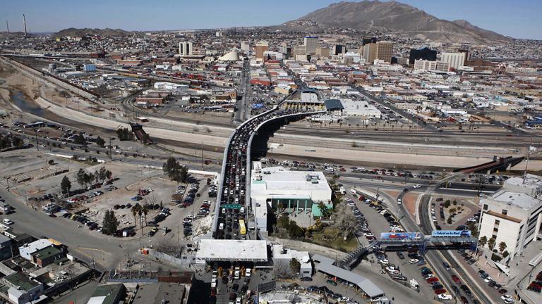 This picture taken from a helicopter shows a view of Santa Fe bridge that links the Mexican city of  Ciudad Juarez, bottom, with the U.S. city of El Paso, Tuesday, Feb. 16, 2010. Beheadings, kidnappings and daylight shootings have become common in the border cities of Tijuana and Ciudad Juarez as drug cartels fight over smuggling routes into the United States. (AP Photo/Alexandre Meneghini)