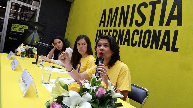 Conferencia de prensa en Amnistía Internacional para presentar su campaña Juntas hasta la Vida, que busca visibilizar la magnitud del problema de los feminicidios en México y movilizar a la opinión pública en favor de la defensa de los derechos de las mujeres. El evento fue presidido por la Presidenta de Amnistía Internacional-Sección México, Luz Marcela Villalobos (centro); la Directora Ejecutiva de Amnistía Internacional-México, Tania Reneaum (derecha); y la periodista Lydiette Carrión (izquierda). Foto: Fernando Villa del Angel