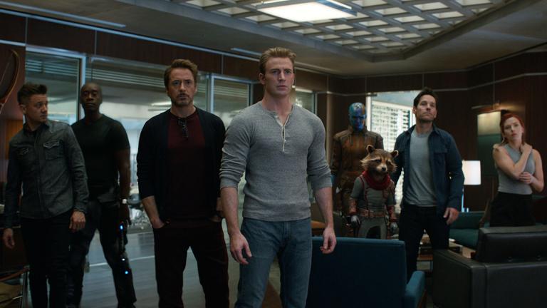 This image released by Disney shows, from left, Jeremy Renner, Don Cheadle, Robert Downey Jr., Chris Evans, Karen Gillan, the character Rocket, voiced by Bradley Cooper, Paul Rudd and Scarlett Johansson in a scene from "Avengers: Endgame." (Disney/Marvel Studios via AP) - AP PROVIDES ACCESS TO THIS THIRD PARTY PHOTO SOLELY TO ILLUSTRATE NEWS REPORTING OR COMMENTARY ON FACTS DEPICTED IN IMAGE; MUST BE USED WITHIN 14 DAYS FROM TRANSMISSION; NO ARCHIVING; NO LICENSING; MANDATORY CREDIT.