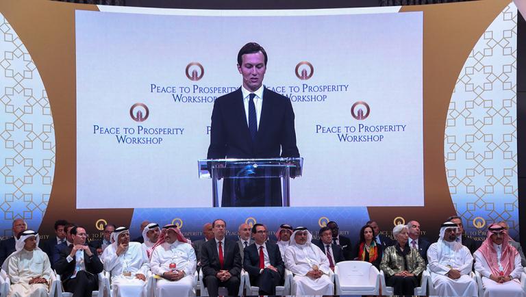 White House senior adviser Jared Kushner speaks at the "Peace to Prosperity" conference in Manama - White House senior adviser Jared Kushner speaks at the "Peace to Prosperity" conference in Manama, Bahrain, June 25, 2019. Peace to Prosperity Workshop/Handout via REUTERS ATTENTION EDITORS - THIS IMAGE WAS PROVIDED BY A THIRD PARTY. NO RESALES. NO ARCHIVES. - 3TP NARCH/NARCH30