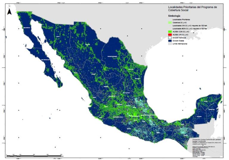 Mapa de las 10,674 localidades consideradas prioritarias en el Programa de Cobertura Social de la Secretaría de Comunicaciones y Transportes. Foto: SCT