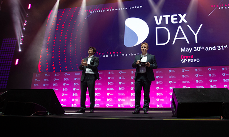 Geraldo Thomaz y Mariano Gomide de Faria, cofundadores y codirectores ejecutivos de Vtex, durante el Vtex Day 2019 en São Paulo. Foto EE: Cortesía Vtex