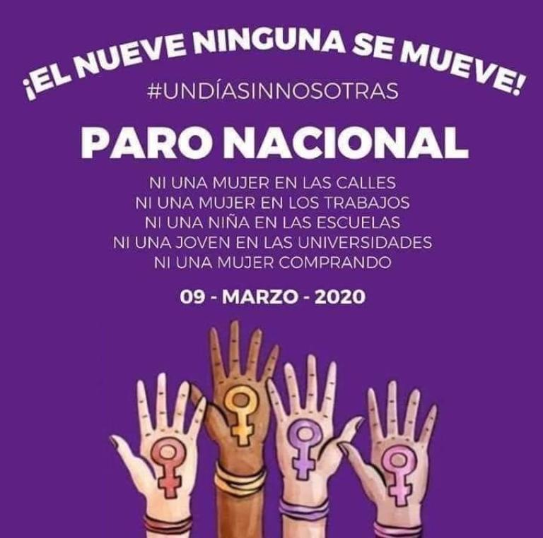 El 9 ninguna se mueve, señala la convocatoria al paro nacional de mujeres del 9 de marzo de 2020. Foto: Twitter @ccolmenaverde