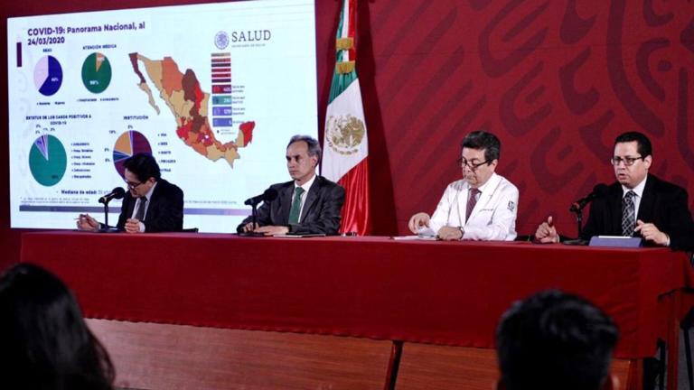 Gustavo Reyes Terán, titular de la Comisión Coordinadora de Institutos Nacionales de Salud y Hospitales de Alta Especialidad; Hugo López-Gatell Ramírez, subsecretario de Prevención y Promoción de la Salud; Víctor Hugo Borja Aburto, director de Prestaciones Médicas del IMSS; José Luis Alomía Zegarra, director general de Epidemiología. Foto EE: Cortesía Presidencia de México