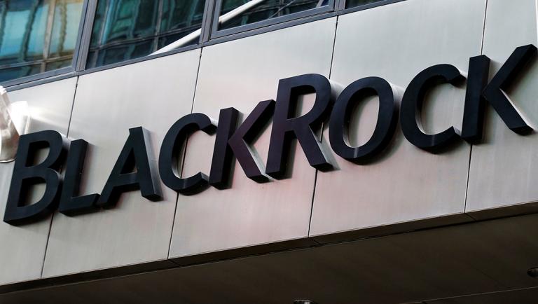 The BlackRock logo is seen outside of its offices in New York