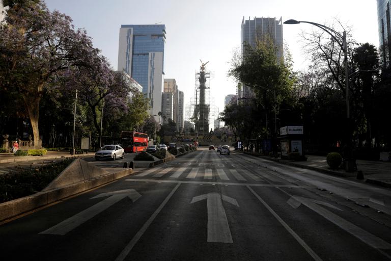 A view shows an almost empty Reforma avenue in Mexico City