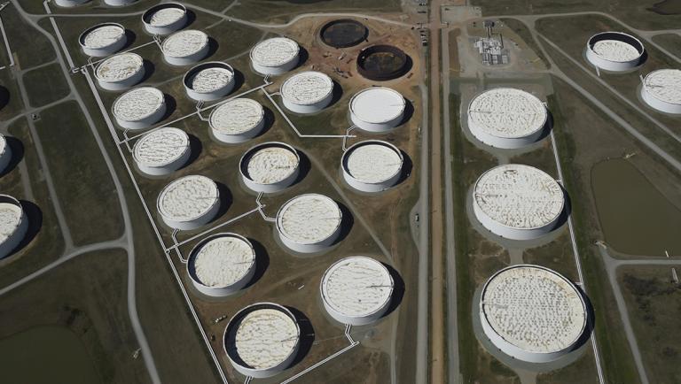 FILE PHOTO: Crude oil storage tanks are seen from above at the Cushing oil hub in Cushing