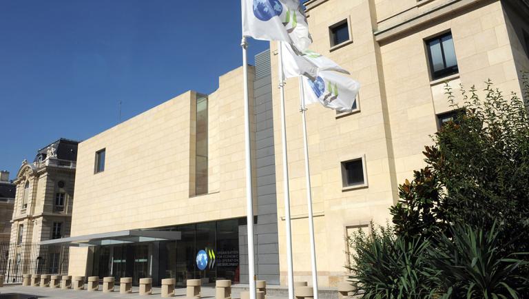 Front Entrance of OECD Conference Centre, including new flag poles.