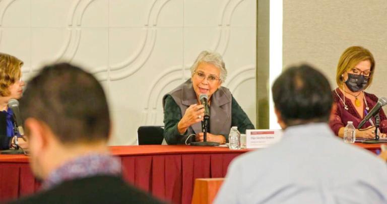 La secretaria de Gobernación, Olga Sánchez Cordero, encabezó la presentación del séptimo informe mensual del Grupo Interinstitucional de Estrategias contra las Violencias. Foto: Segob.