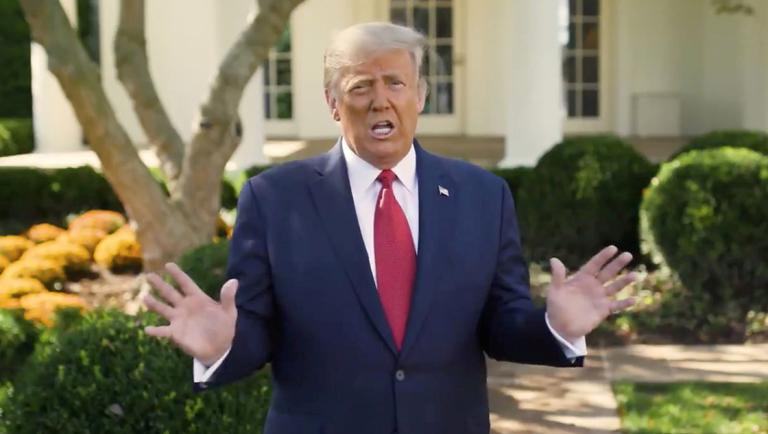 U.S. President Donald Trump makes an announcement about his treatment for coronavirus disease (COVID-19), in Washington, U.S., in this still image taken from video, October 7, 2020. The White House/Handout via REUTERS THIS IMAGE HAS BEEN SUPPLIED BY A THIRD PARTY.-3TP