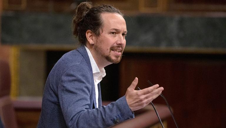 Spanish second Deputy Prime Minister Pablo Iglesias delivers his speech at Parliament in Madrid